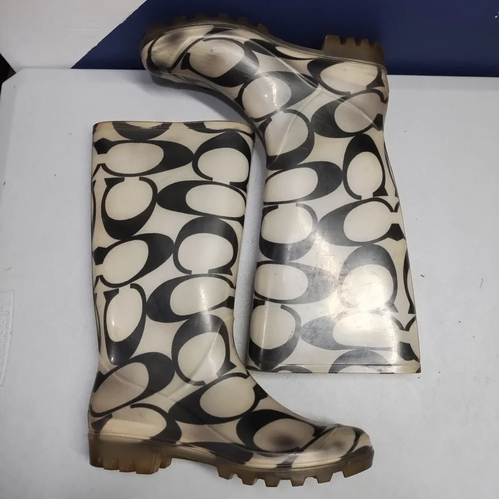 Coach Rain Boots Womens US 9 Multi Signature Logo Waterproof Mid Calf Pull On